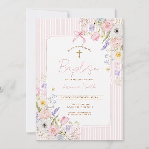 Pink Floral Baptism Watercolor Wildflower Invitation