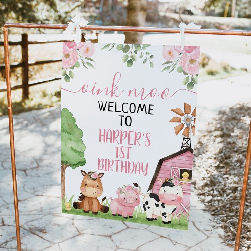 Pink Floral Barn Farm Animal Birthday Welcome Sign