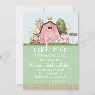 Pink Floral Barn Farm Animals Birthday Invitation