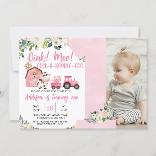 Pink Floral Barn Tractor Farm 1st Birthday Invitation