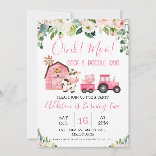 Pink Floral Barn Tractor Farm Birthday Invitation