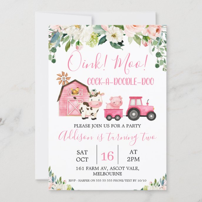 Pink Floral Barn Tractor Farm Birthday Invitation