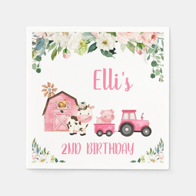 Pink Floral Barn Tractor Farm Birthday Paper Napkins (Front)
