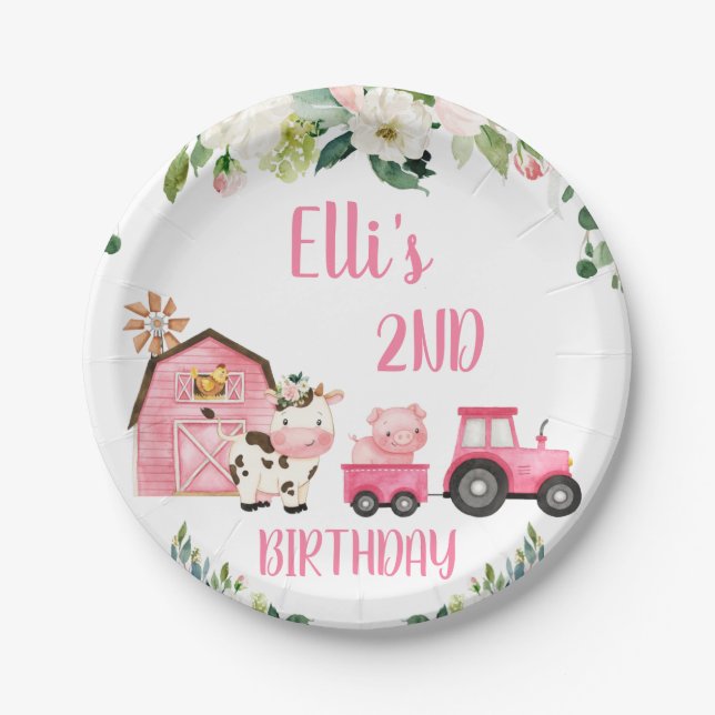 Pink Floral Barn Tractor Farm Birthday Paper Plates (Front)