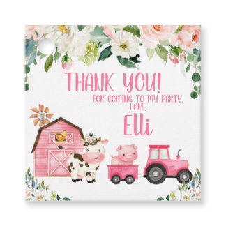 Pink Floral Barn Tractor Farm Birthday Tag
