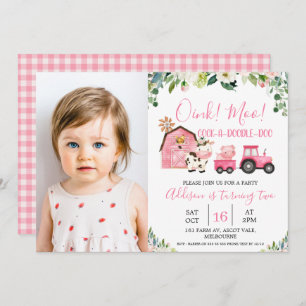 Pink Floral Barn Tractor Farm Photo Birthday Invitation