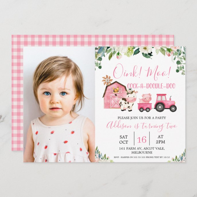 Pink Floral Barn Tractor Farm Photo Birthday Invitation