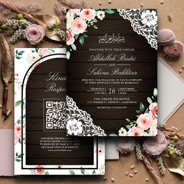 Pink Floral Barn Wood Lace QR Code Muslim Wedding Invitation (Creator Uploaded)