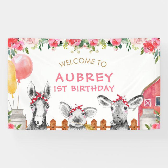 Pink Floral Barnyard Farm Farmyard Birthday Banner (Horizontal)