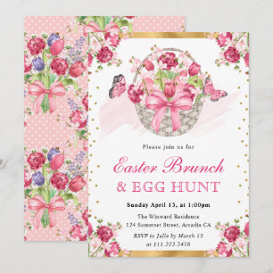 Pink Floral Basket and Butterflies Easter Brunch Invitation