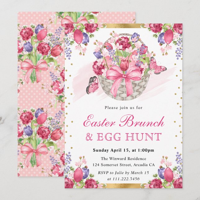 Pink Floral Basket and Butterflies Easter Brunch Invitation (Front/Back)