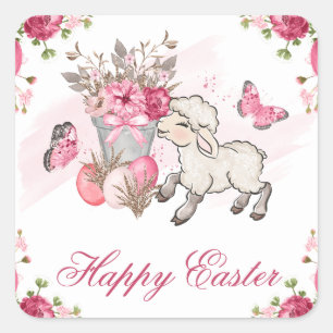 Pink Floral Basket and Cute Lamb Happy Easter Square Sticker