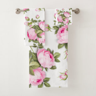 vintage Cannon bath towels & wash cloths w/ retro roses floral on pink!