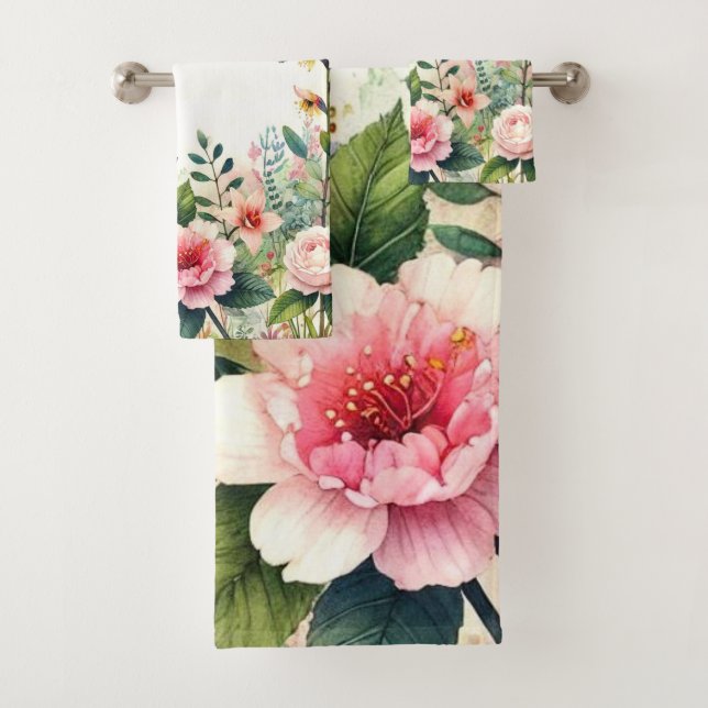 Pink Floral Bathroom Towel Set (Insitu)