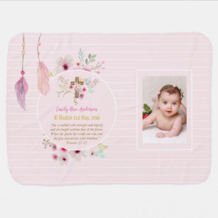 Pink Floral BAUTIZO Baptism Bible Verse Photo Girl Baby Blanket