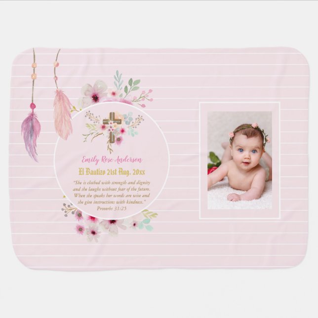 Pink Floral BAUTIZO Baptism Bible Verse Photo Girl Baby Blanket (Horizontal)