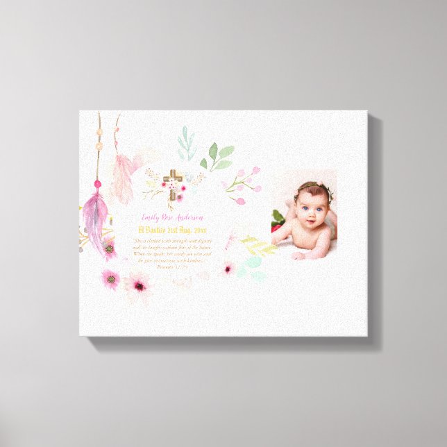 Pink Floral BAUTIZO Baptism Bible Verse Photo Girl Canvas Print (Front)
