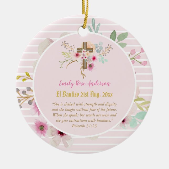 Pink Floral BAUTIZO Baptism Bible Verse Photo Girl Ceramic Ornament (Front)