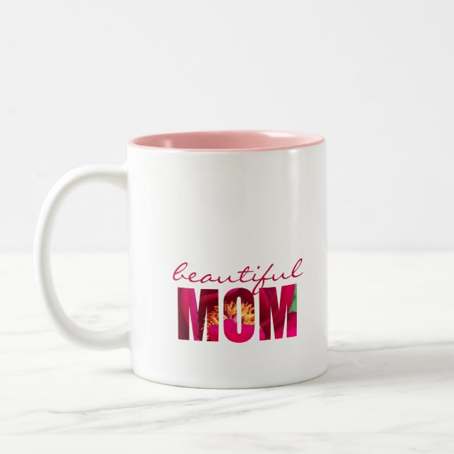 Pink Floral "Beautiful Mom" Personalize Note Gift Two-Tone Coffee Mug (Left)
