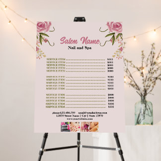 Pink  Floral Beauty Nail Salon Price List menu Foam Board