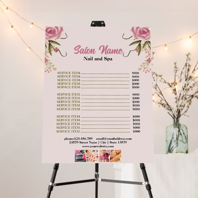 Pink  Floral Beauty Nail Salon Price List menu Foam Board (In Situ (Stand))