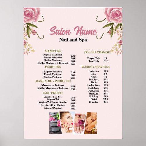 Pink  Floral Beauty Nail Salon Price List menu Poster