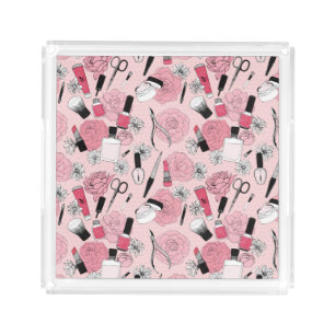 Pink Floral Beauty Products Pattern Acrylic Tray