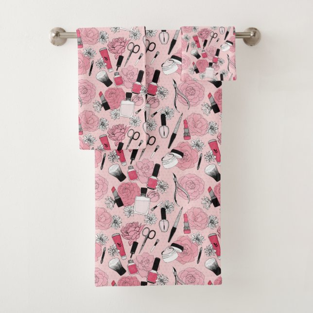 Pink Floral Beauty Products Pattern Bath Towel Set (Insitu)