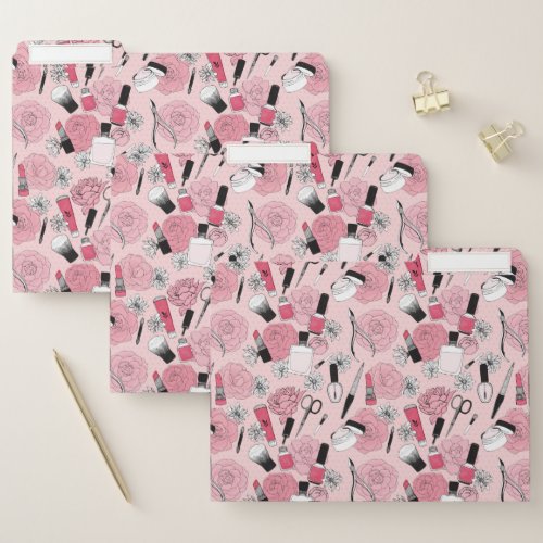 Pink Floral Beauty Products Pattern File Folder