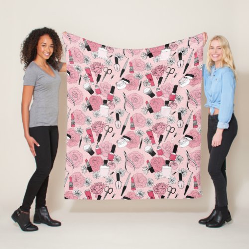 Pink Floral Beauty Products Pattern Fleece Blanket