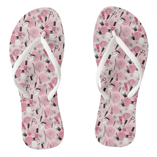 Pink Floral Beauty Products Pattern Flip Flops (Footbed)