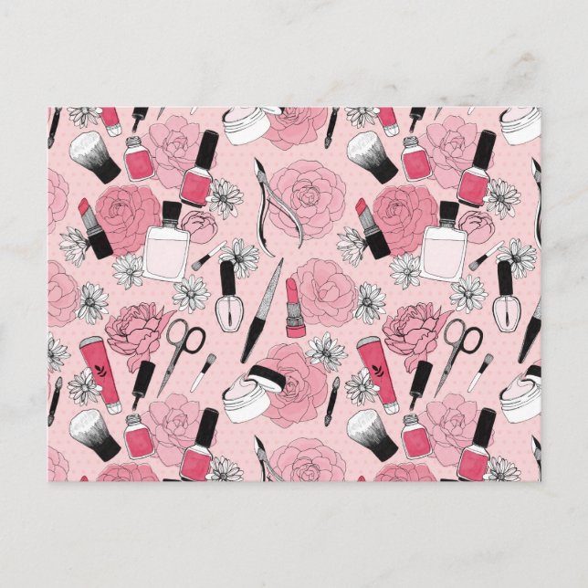 Pink Floral Beauty Products Pattern Holiday Postcard (Front)