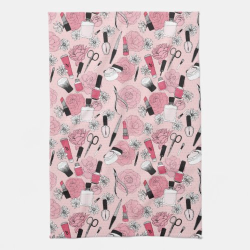 Pink Floral Beauty Products Pattern Kitchen Towel