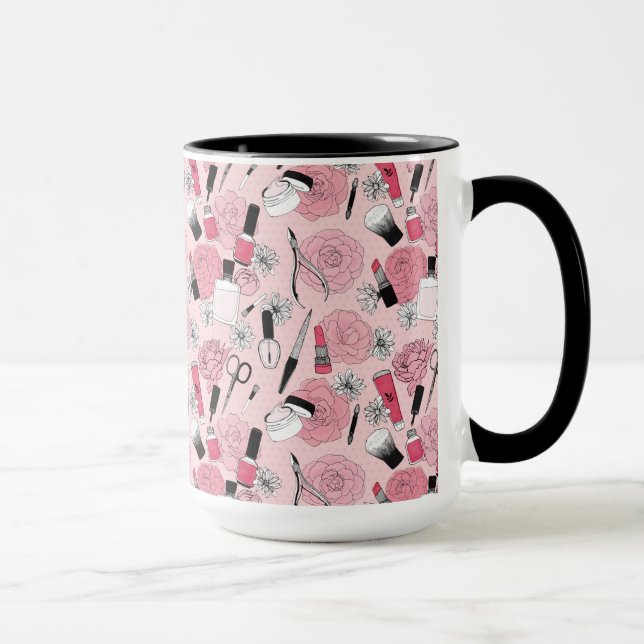 Pink Floral Beauty Products Pattern Mug (Right)