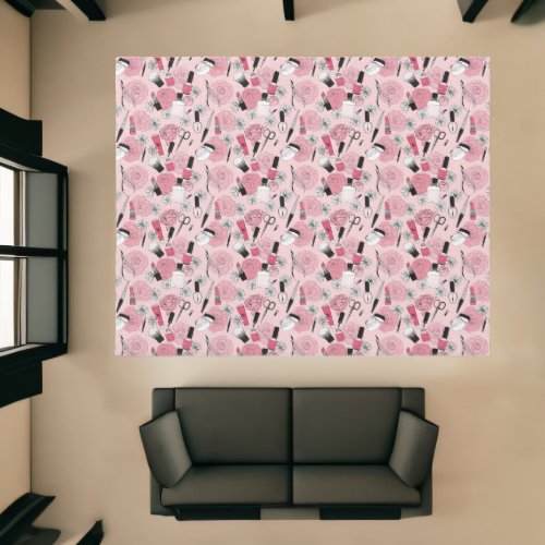 Pink Floral Beauty Products Pattern Rug