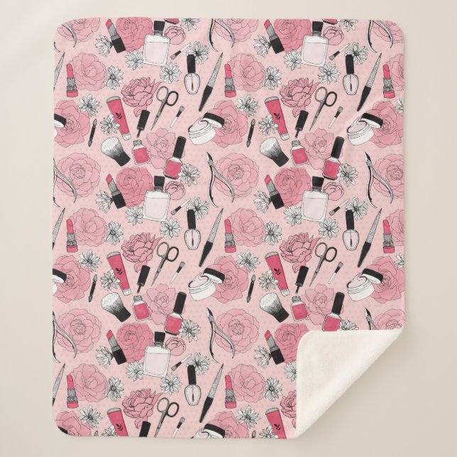 Pink Floral Beauty Products Pattern Sherpa Blanket (Front)