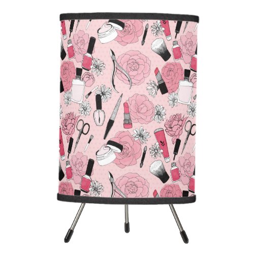 Pink Floral Beauty Products Pattern Tripod Lamp