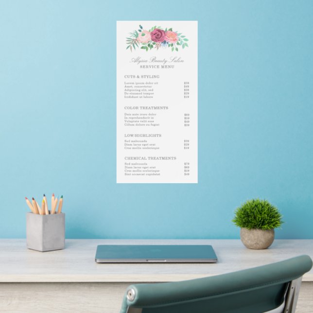 Pink Floral Beauty Salon Service Menu Price List Wall Decal (Home Office 2)