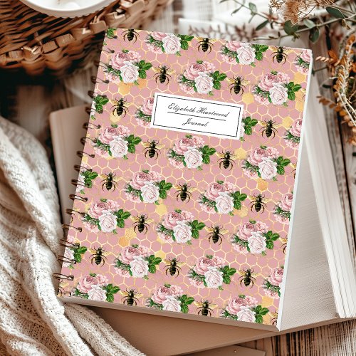Pink Floral Bees Honeycomb Pattern Personalized Notebook