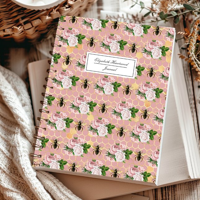 Pink Floral Bees Honeycomb Pattern Personalized Notebook (Creator Uploaded)