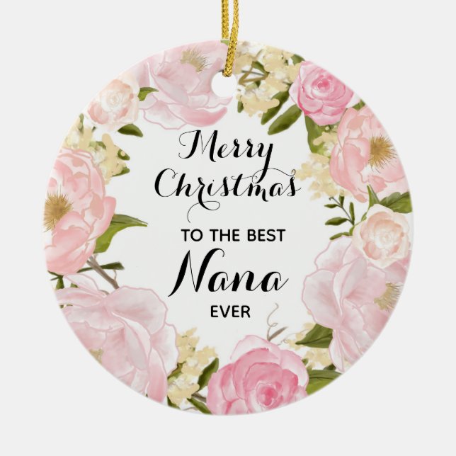 Pink Floral Best Grandma Ever Personalized Ceramic Ornament (Front)