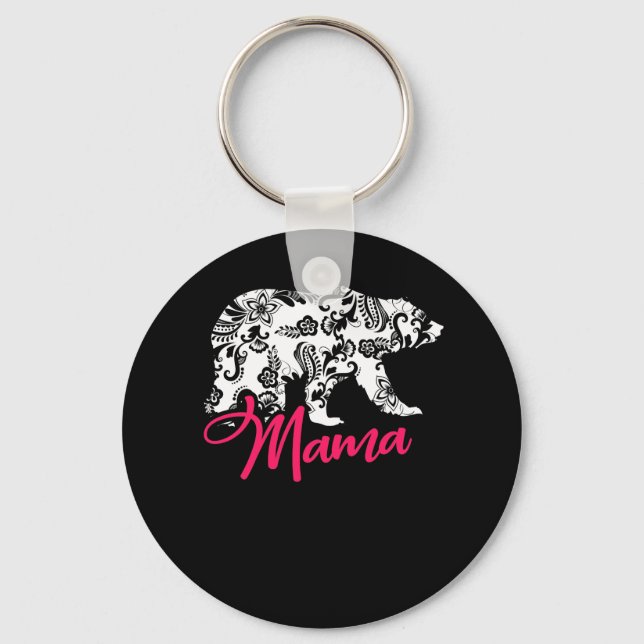 Pink Floral Best Mama Bear Gift Keychain (Front)