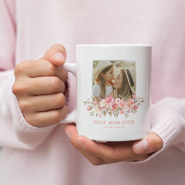 Pink Floral Best Mom Ever Photo Coffee Mug (Creator Uploaded)