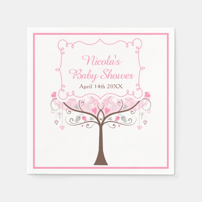 Pink Floral Bird Baby Shower Napkins (Front)
