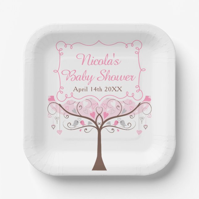 Pink Floral Bird Baby Shower  Paper Plates (Front)