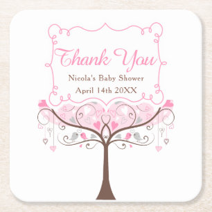 Pink Floral Bird Baby Shower Thank You Square Paper Coaster