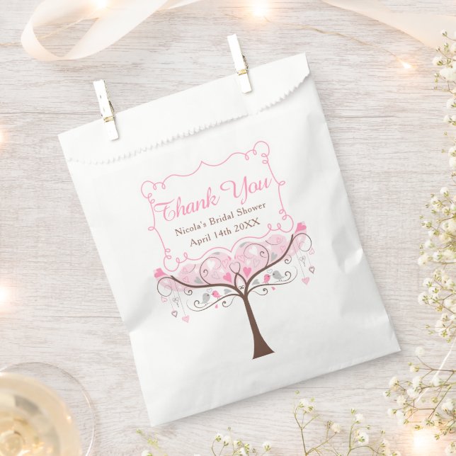 Pink Floral Bird Bridal Shower Thank You Favor Bag (Clipped)