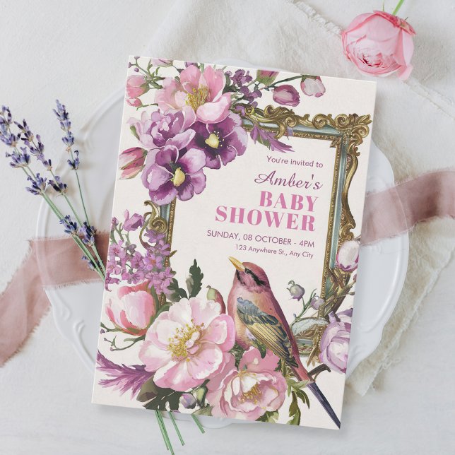 Pink floral bird watercolor baby shower invitation (Creator Uploaded)