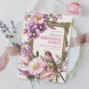 Pink floral bird watercolor birthday invitation