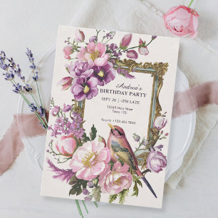 Pink floral bird watercolor Birthday Invitation